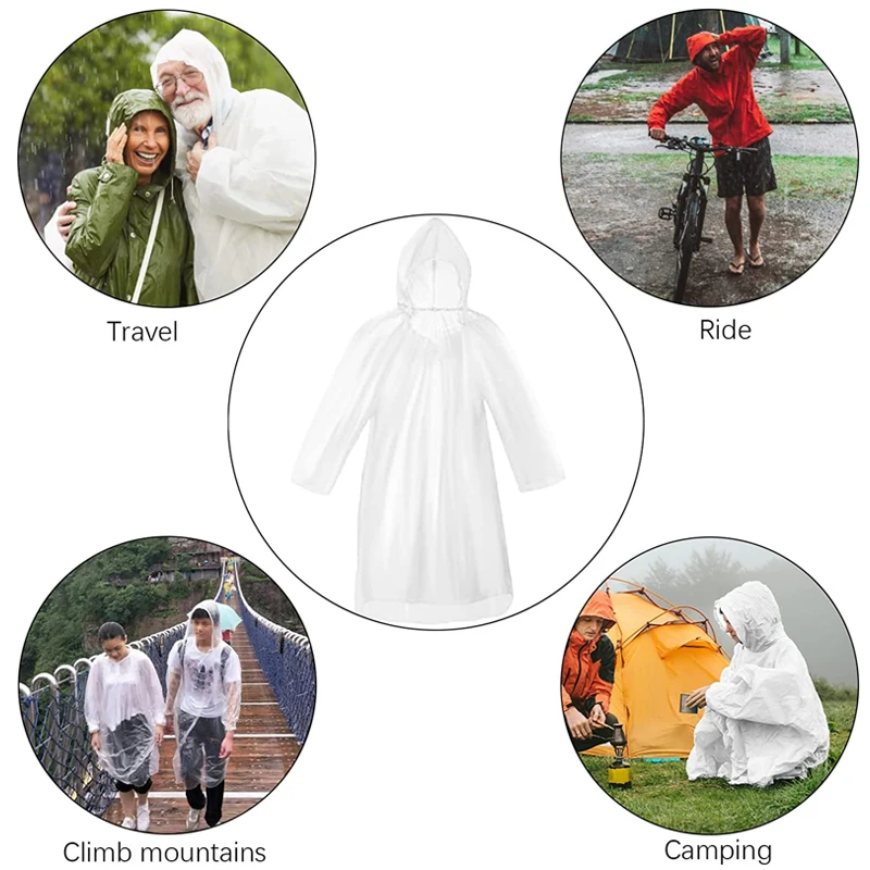 Emergency Poncho Rain - 6枚入り、使い捨て、防水、屋外用、ハイキング、登山、旅行、緊急時用、透明、携帯可能、大人用ポンチョレインコート
