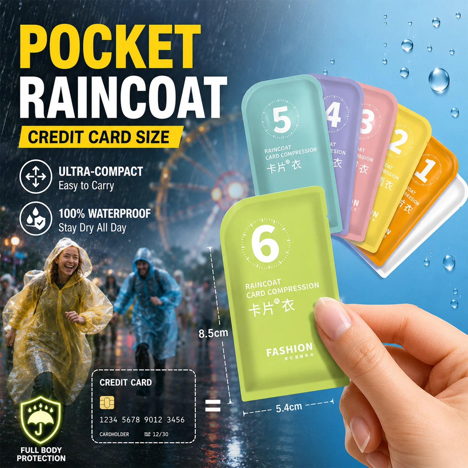 携帯用カードサイズの使い捨てレインコート。大人用、ポケット付 - Emergency Poncho Rain のレビューと価格