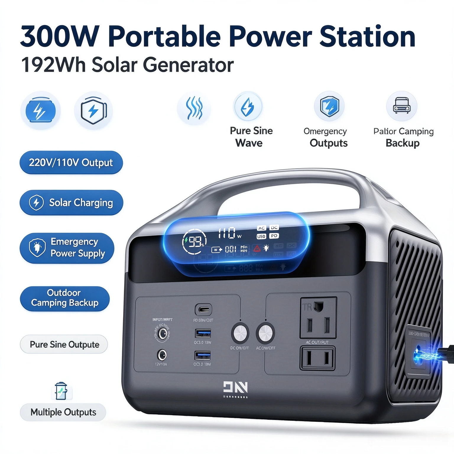 300Wのポータブル電源。192Whの容量、110V/220 - Solar Emergency Charger のレビューと価格